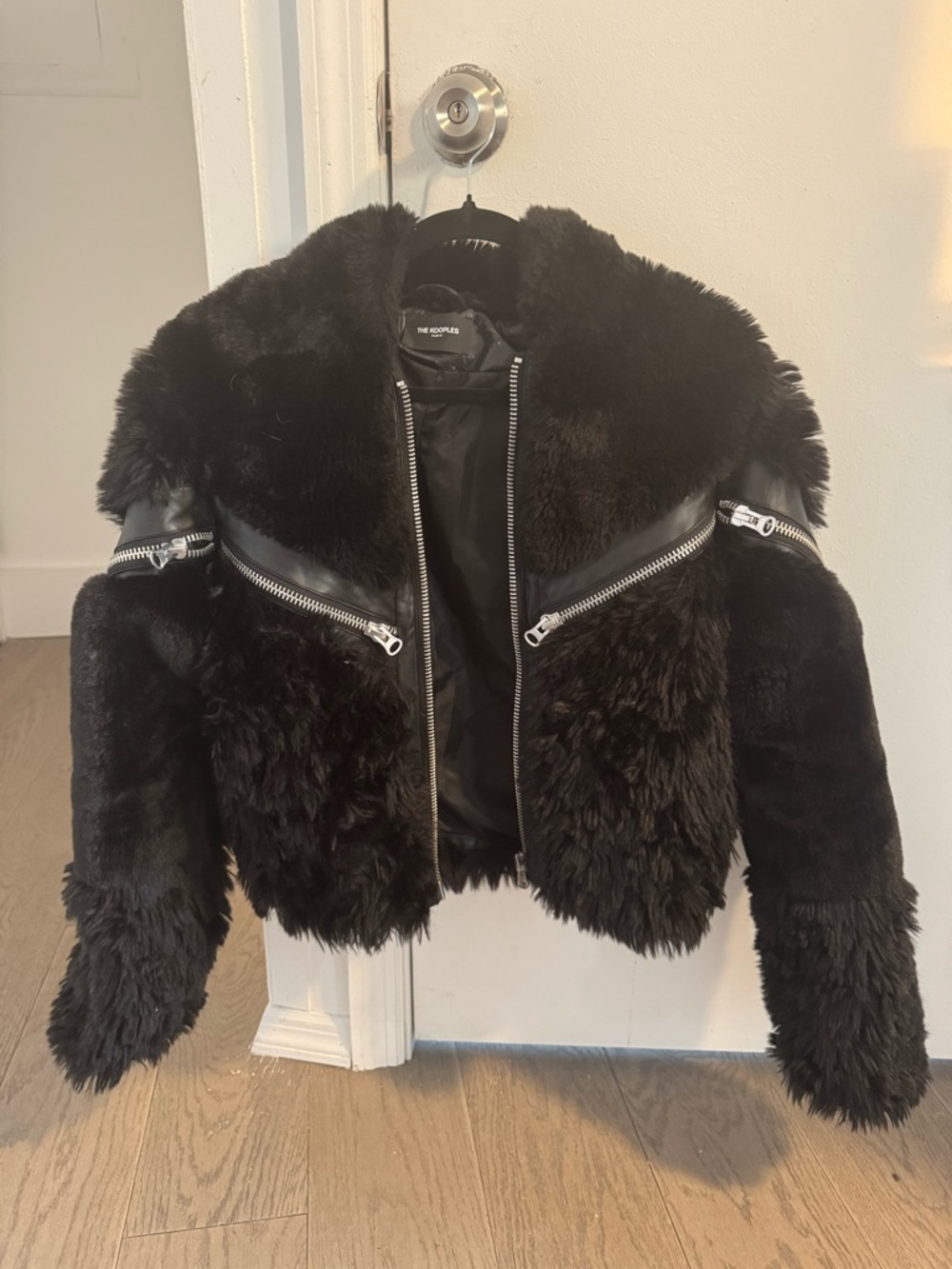 The Kooples Black Plush Faux-Fur Moto Jacket